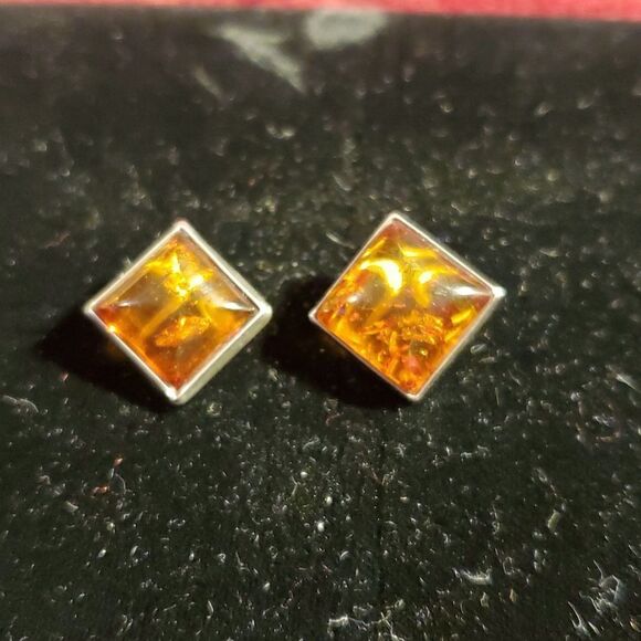 Antique STERLING Silver 925 Baltic Amber Clip-On Earrings‎ Signed DF - Picture 1 of 12